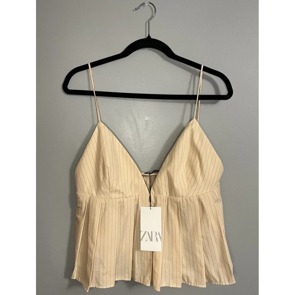 Zara Women's Cotton Spaghetti Strap Crop Top Beige/Pink Plus Size XXL -NWT